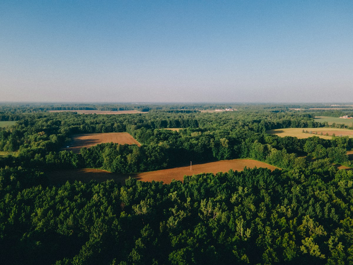 Aerial view of Midwest cropland and pasture illustrating regional land value differences