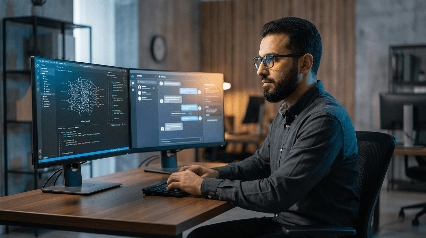 A lead Muslim software developer at our agency engineering a custom Shariah-compliant AI agent for a Halal brand client, demonstrating our deep technical expertise in intelligent automation.