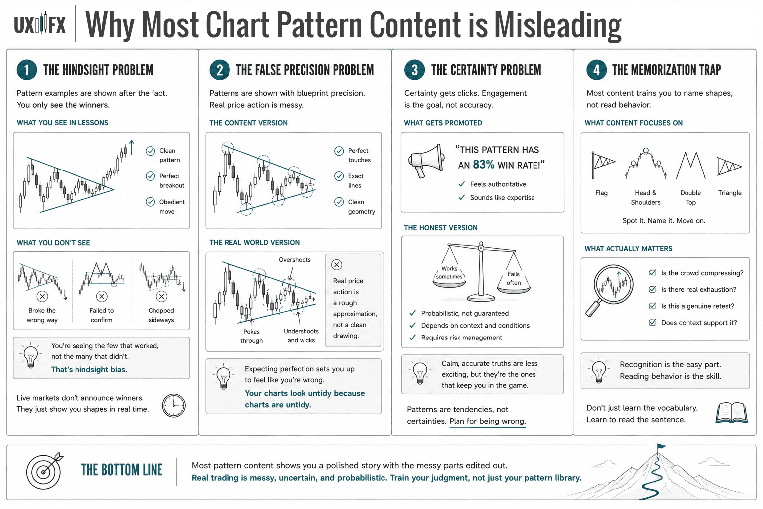 Educational infographic explaining why much of the chart pattern content found online can be misleading. Four panels illustrate common problems: hindsight bias, where only successful patterns are shown after the fact; false precision, where idealized trendlines fail to reflect messy real-world price action; false certainty, where confident win-rate claims replace probability and risk management; and the memorization trap, where traders learn to name chart patterns instead of understanding the market behavior behind them. The infographic contrasts polished textbook examples with realistic trading conditions and concludes that successful chart reading depends on interpreting crowd behavior, context, and probabilities rather than memorizing geometric shapes. The design uses a minimalist UX wireframe aesthetic with grayscale illustrations and subtle teal accents.