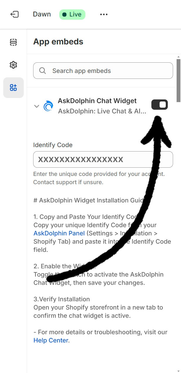 AskDolphin Chat Widget activated in Shopify App embeds, with arrows pointing to the enabled toggle.