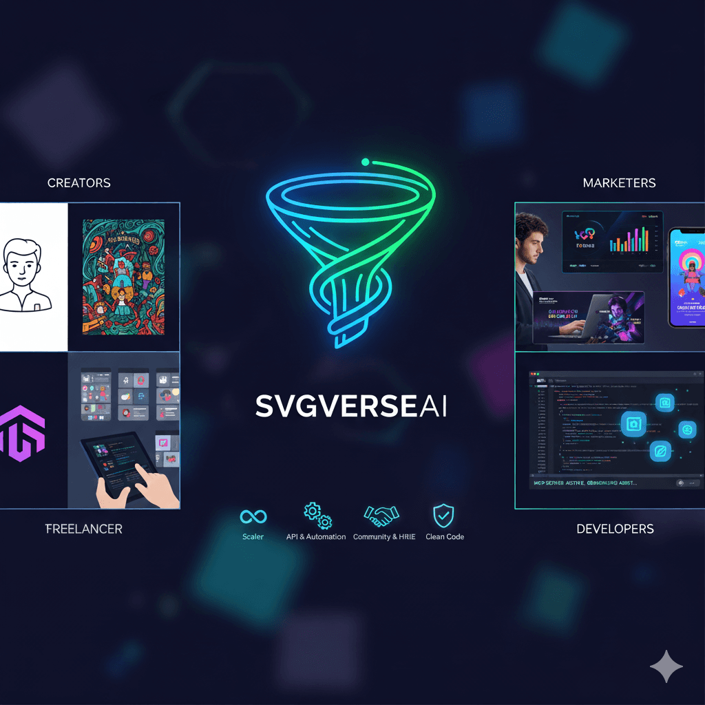 Feature graphic for SVGverseAI, an AI vector generator. The image highlights four target audiences: Creators, Freelancers, Marketers, and Developers, and five key features: Scaler, API & Automation, Community & HRIE, and Clean Code.