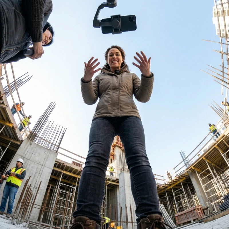Professionnels en immersion sur un chantier de construction, capturant une séquence vidéo dynamique avec un stabilisateur pour smartphone, illustrant notre expertise en Stratégie d’influence pour mobiliser des influenceurs légitimes et toucher les bons publics.