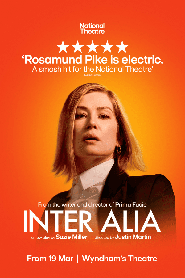Inter Alia West End show poster featuring a person against an orange background.