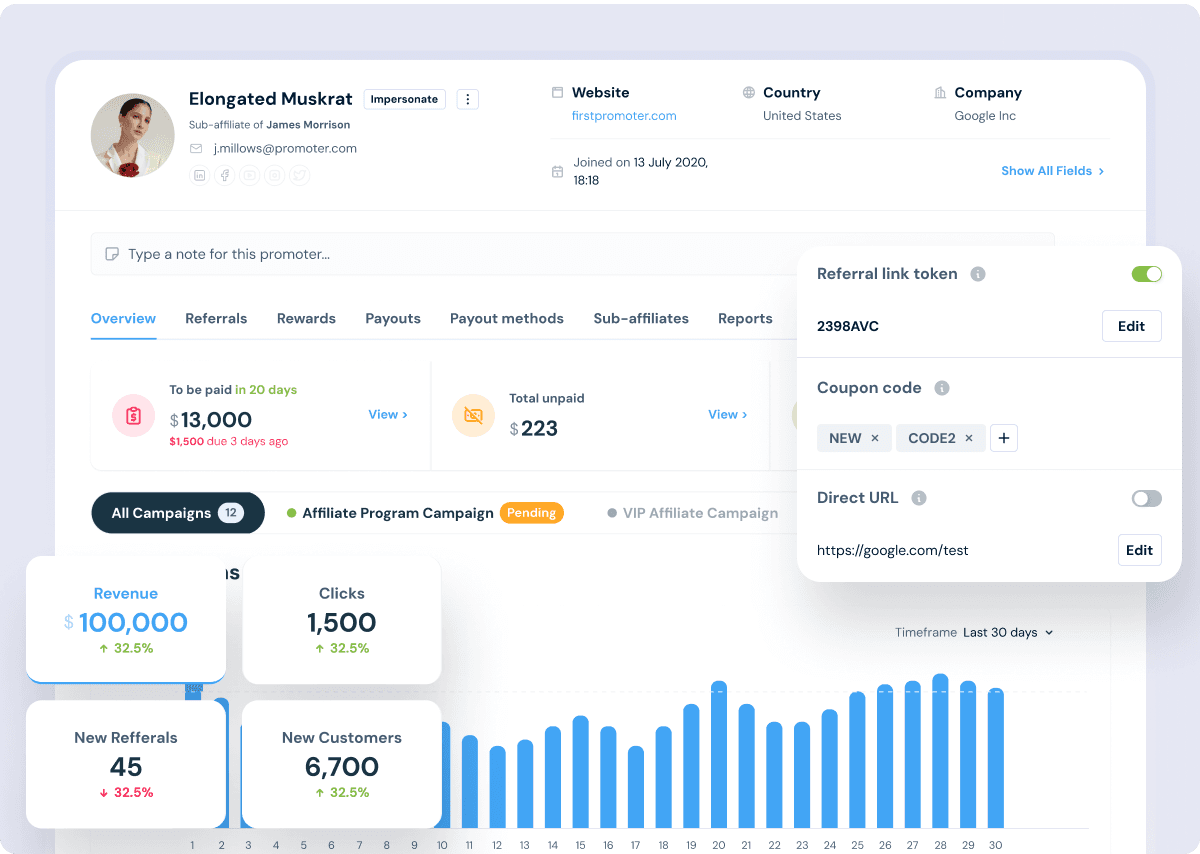 FirstPromoter promoter profile showing referral link token, multiple coupon codes and direct URL tracking options alongside revenue and clicks metrics