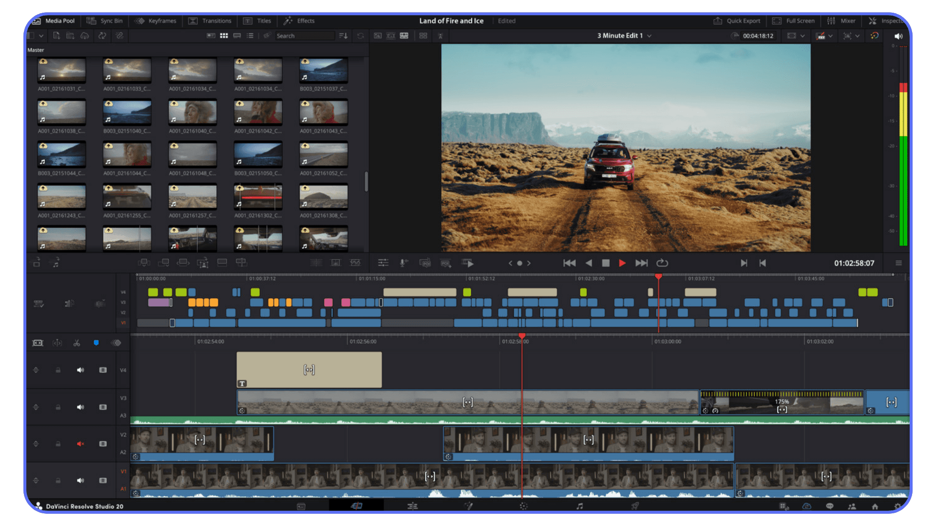 DaVinci Resolve editing interface showing a complex timeline with multiple video and audio tracks on a cinematic project