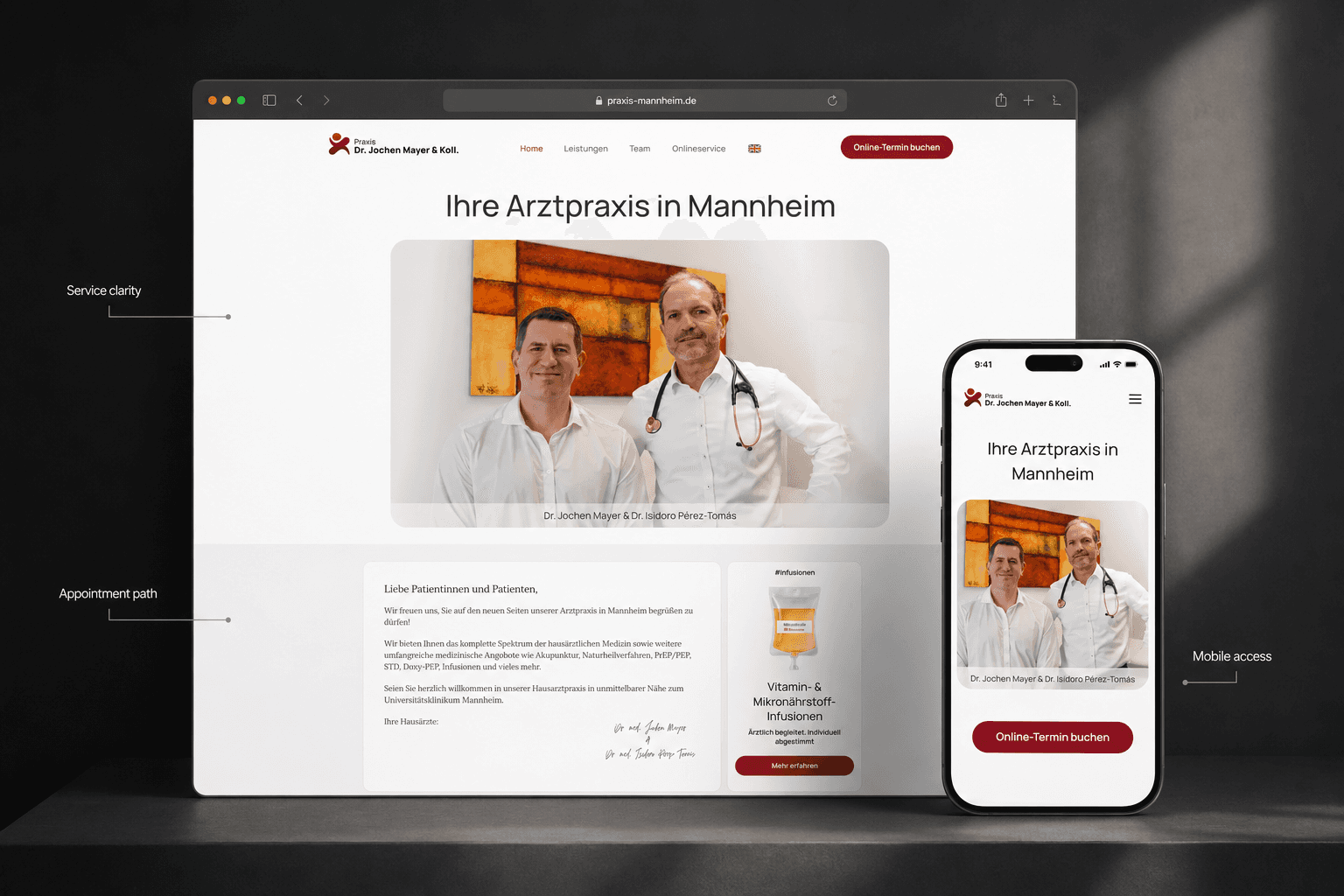 Startseite der Praxis Dr. Jochen Mayer & Koll. auf Desktop und Smartphone.