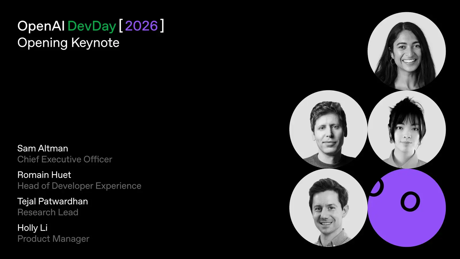 Offizielle Grafik zur Eröffnungs-Keynote des OpenAI DevDay 2026 mit Sam Altman, Romain Huet, Tejal Patwardhan und Holly Li