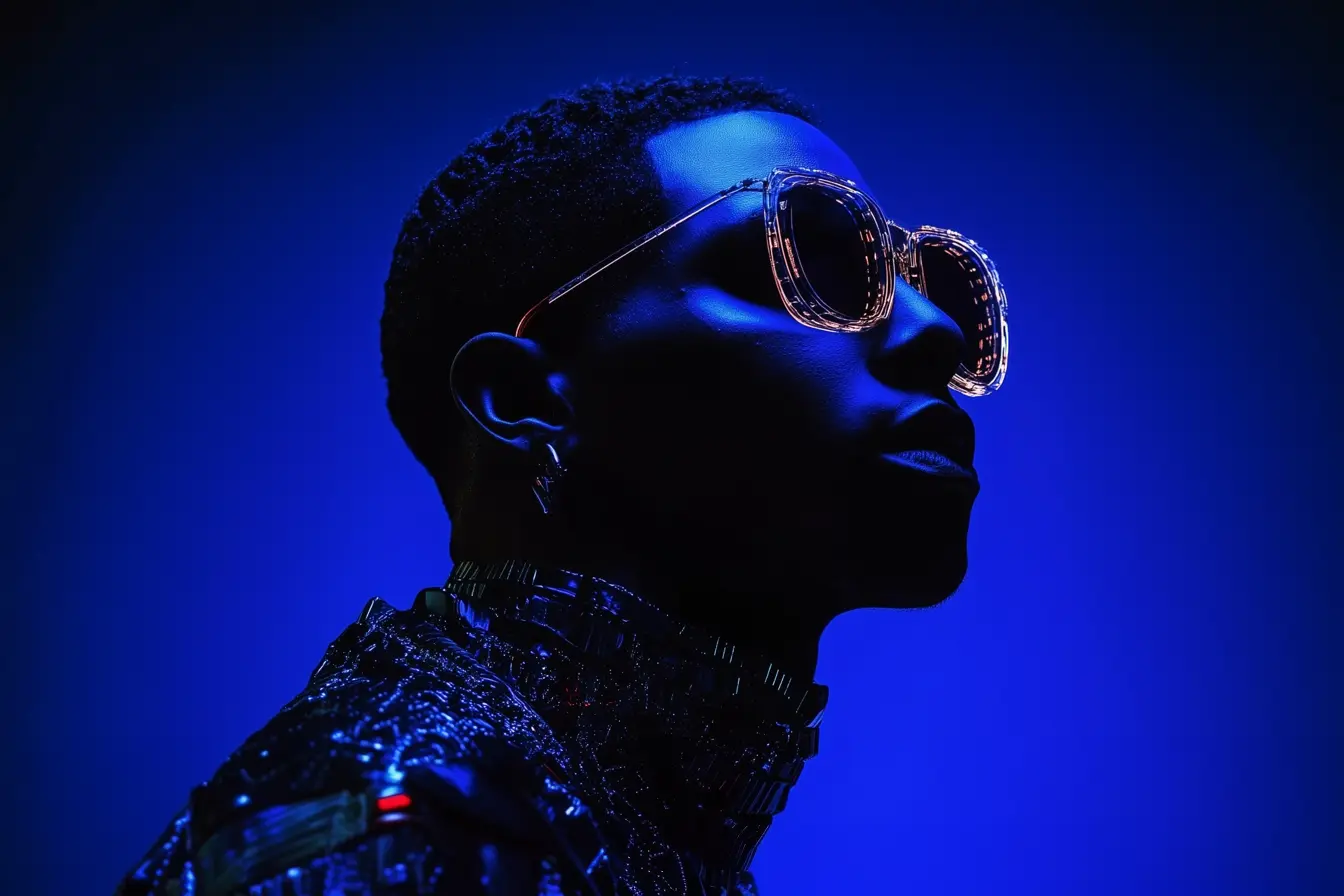 Futuristic blue-lit portrait of a man wearing transparent sunglasses.