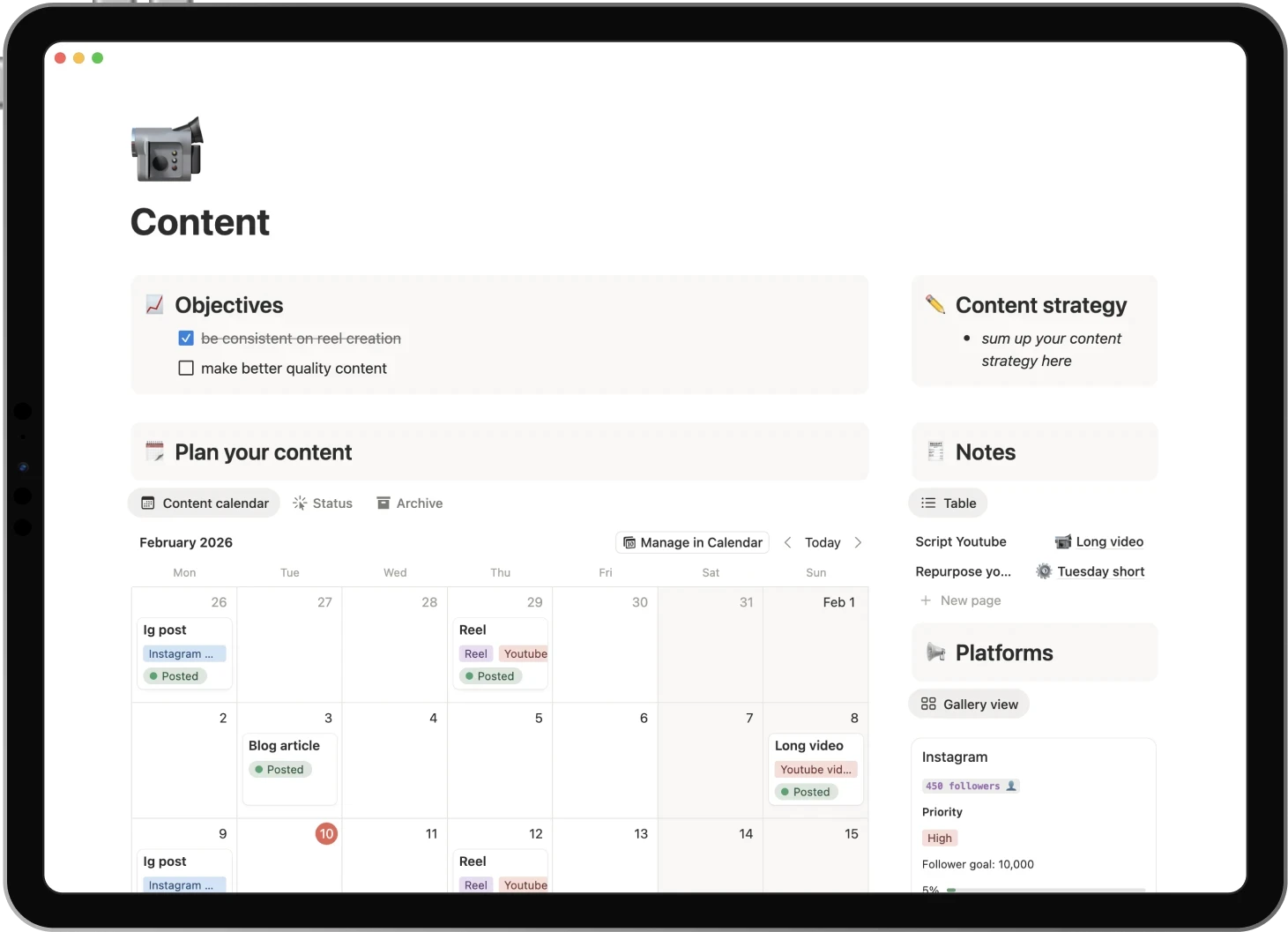 Ipad displaying the Content template: Plan your content, set objectives, write all your video scripts.