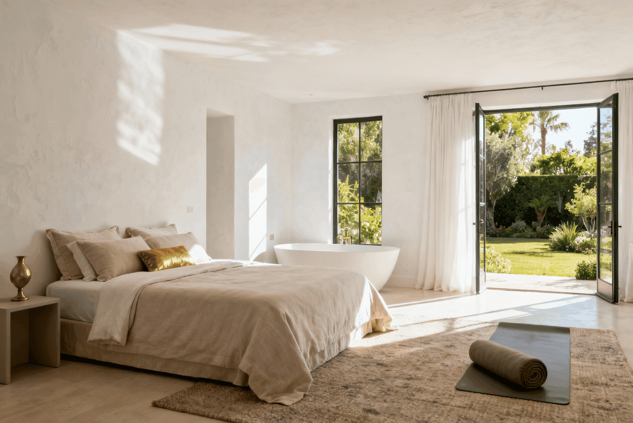 Luxurious spa-like bedroom suite with freestanding white bathtub, floor-to-ceiling windows with garden views, yoga mat, neutral bedding, and serene lighting