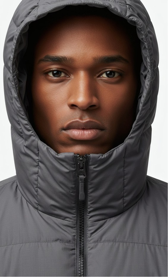 Close-up portrait of a person wearing a gray insulated hooded jacket with the hood up, showing their face framed by the hood against a light background.