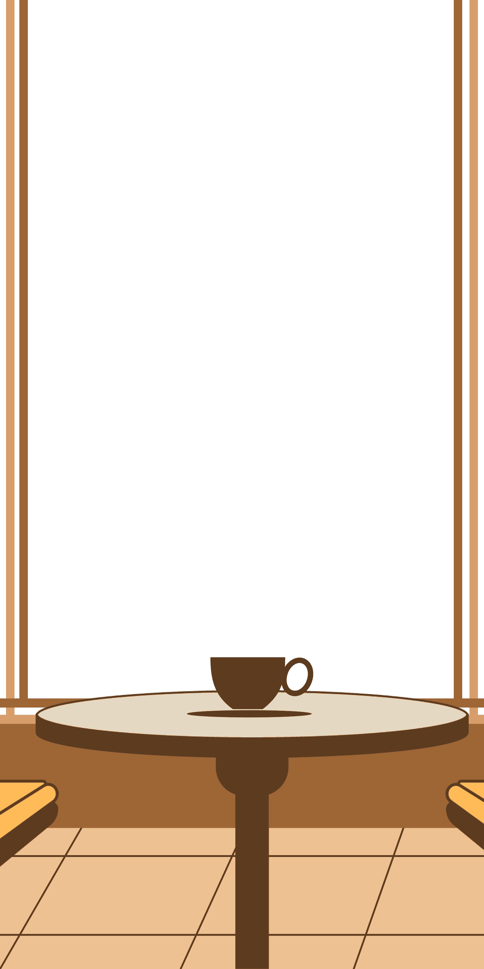 Two orange chairs with a coffee cup on a table.