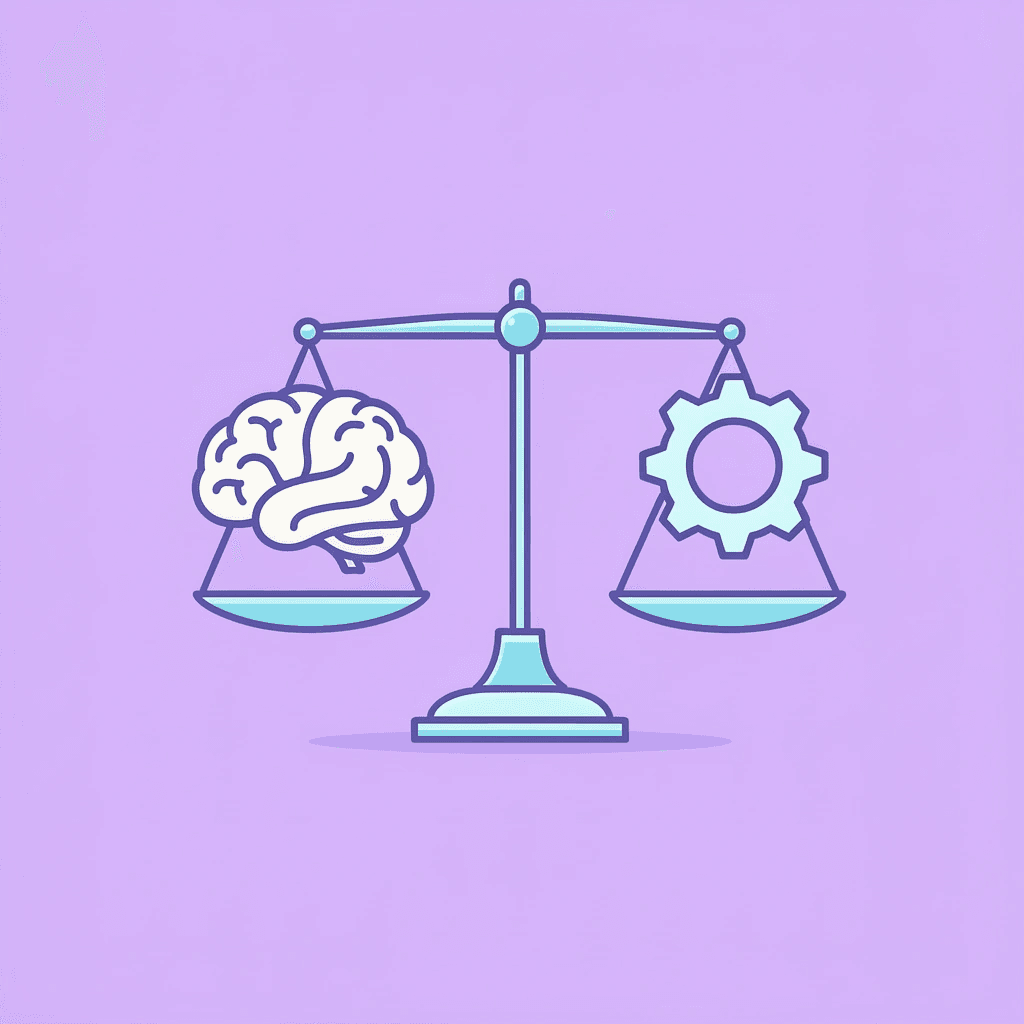 Balance scale showing human-like reasoning on one side and machine efficiency on the other