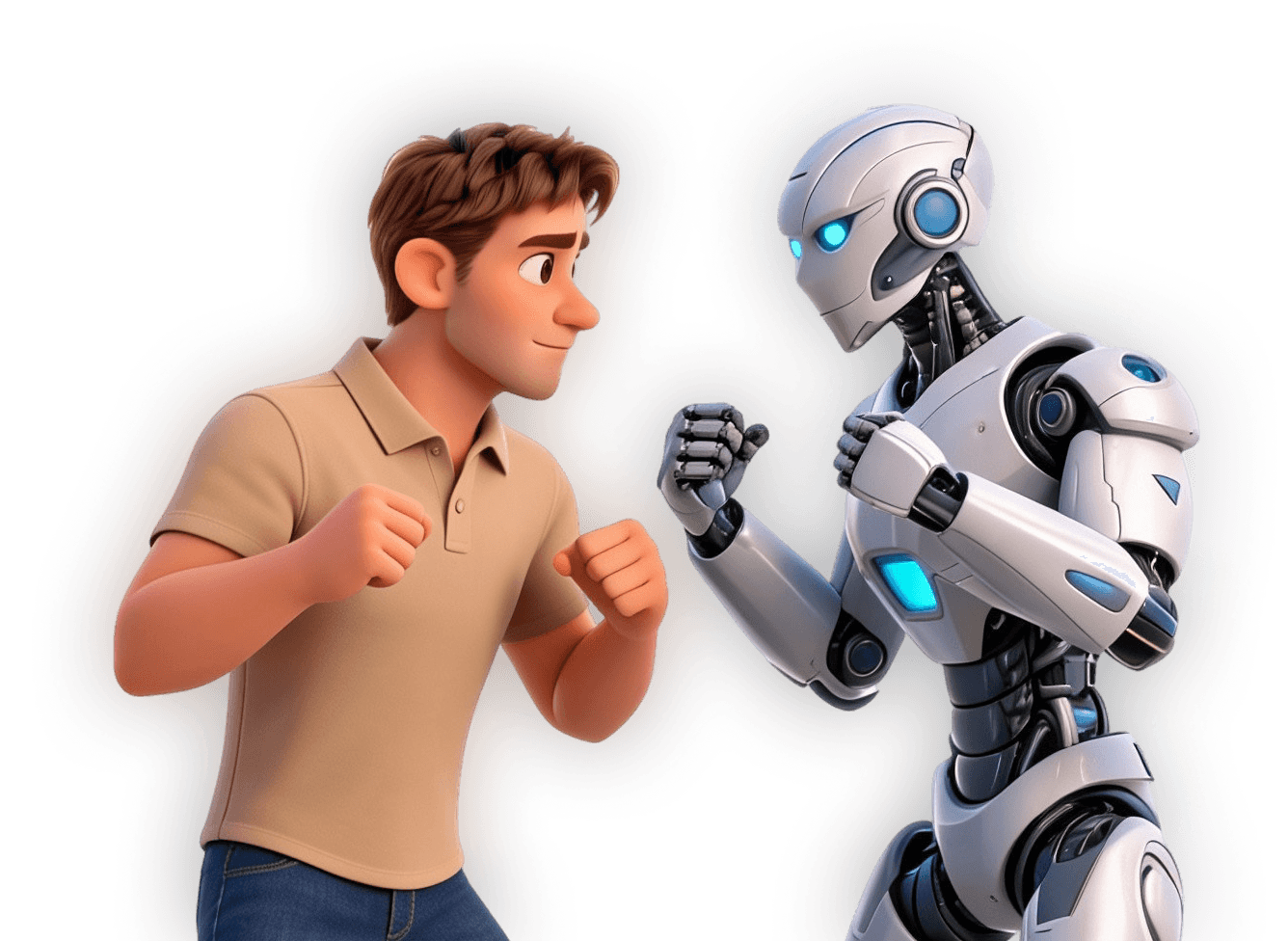 Illustration of a young man and a humanoid robot facing each other in a friendly boxing stance, with raised fists as if preparing for a sparring match. The man wears a beige polo shirt and jeans, while the white-and-silver robot has glowing blue accents and eyes.