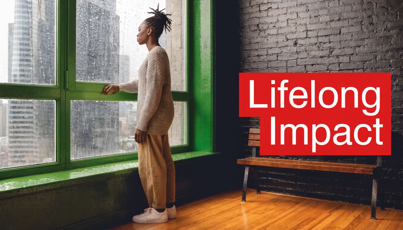 A person standing by a large window overlooking a city, with text overlaying Lifelong Impact.