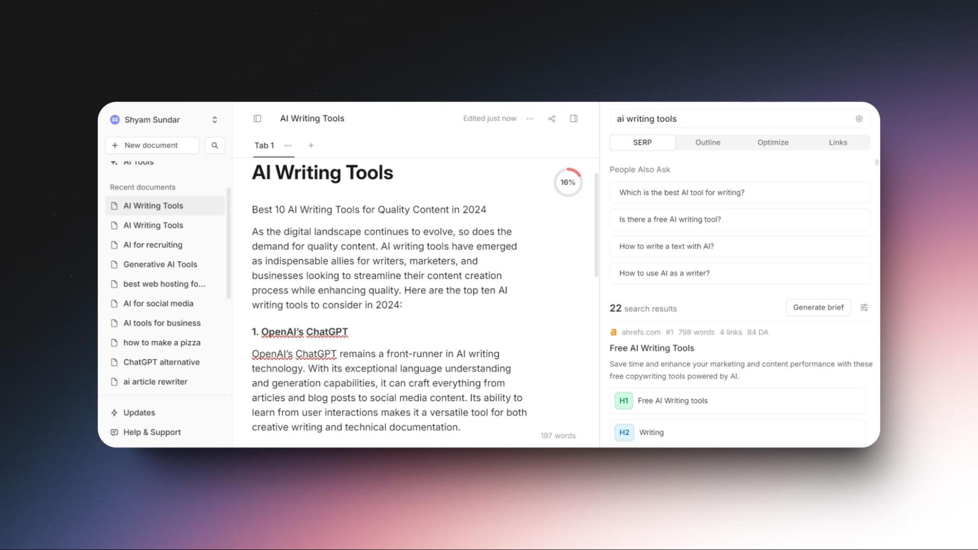 Screenshot of a document editor titled "AI Writing Tools," listing top AI writing tools for quality content in 2024, with a search bar and sidebar.