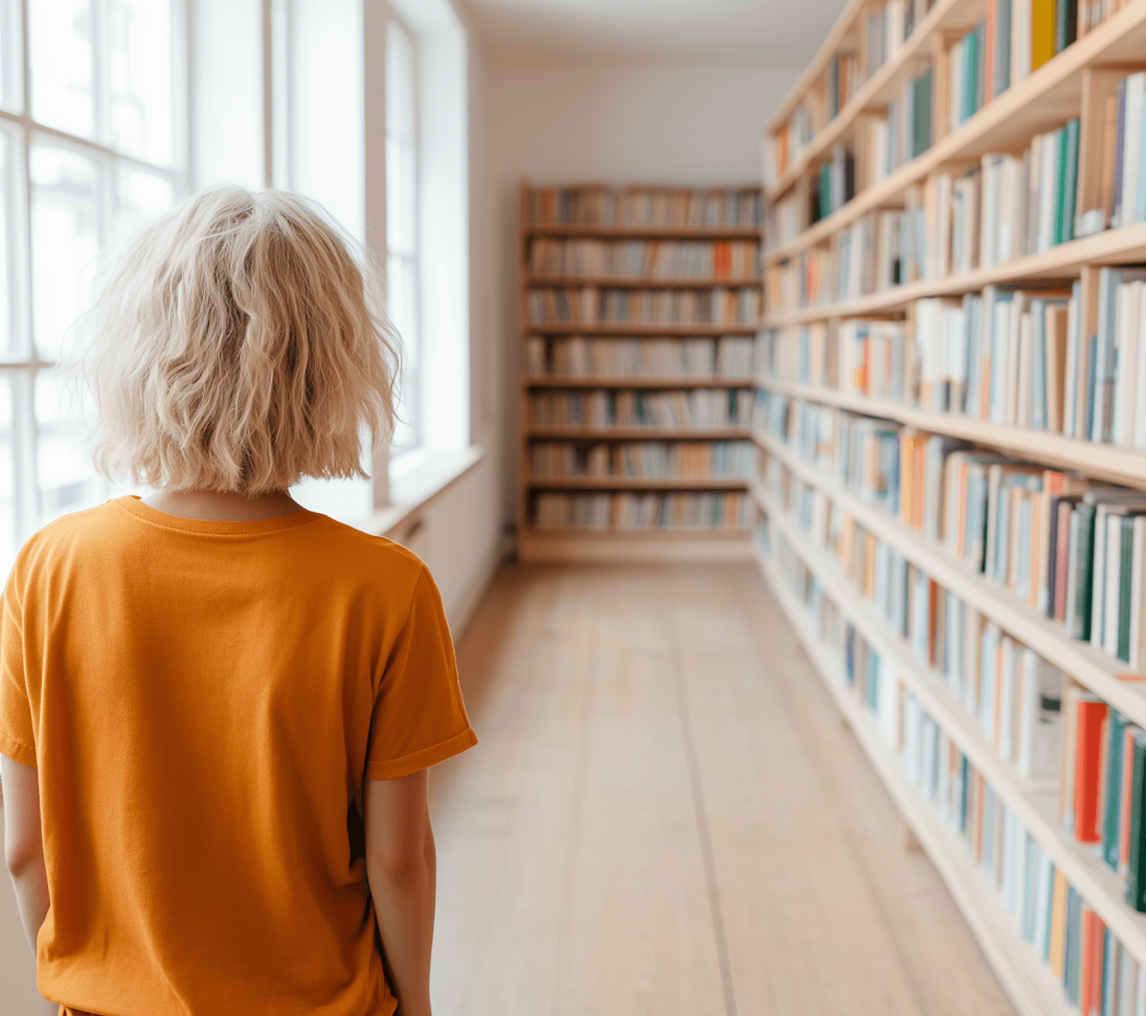 A person with short blonde hair stands in a brightly lit library, facing rows of neatly organized books on wooden shelves.