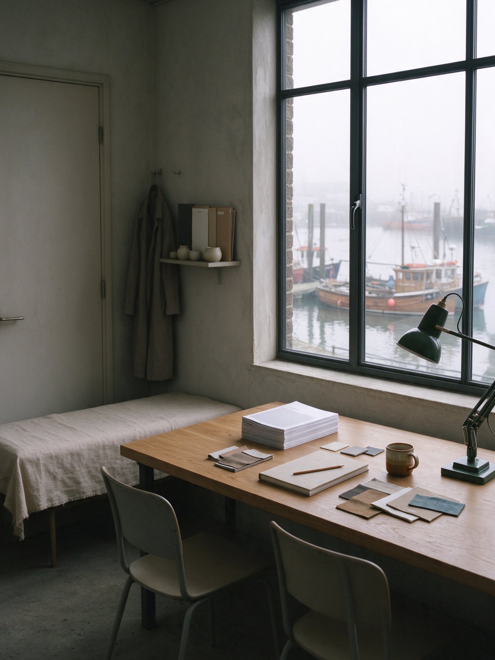 A quiet corner of a small studio with an oak table and two chairs