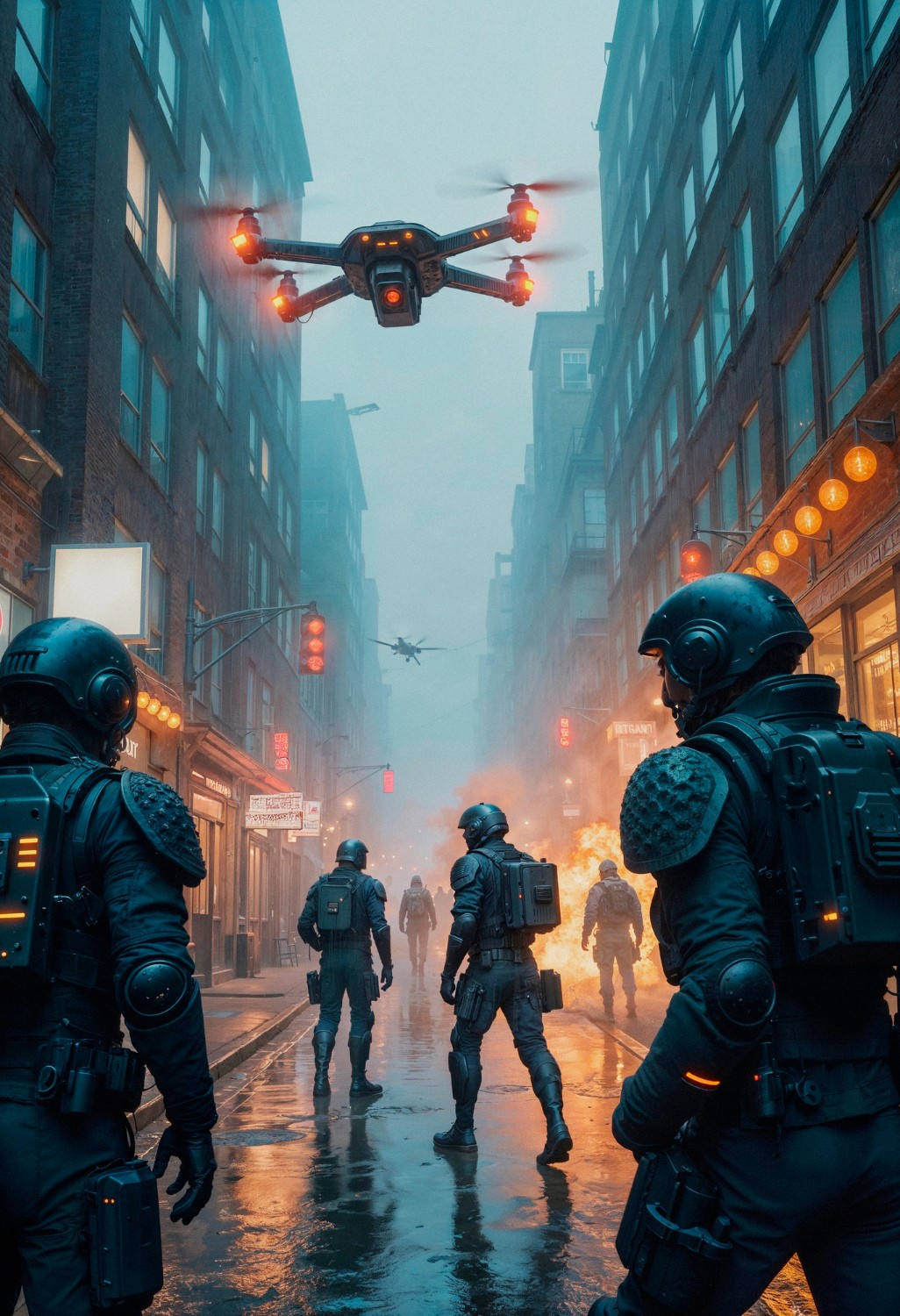 Black armored security figures watching a drone flying above a narrow city street