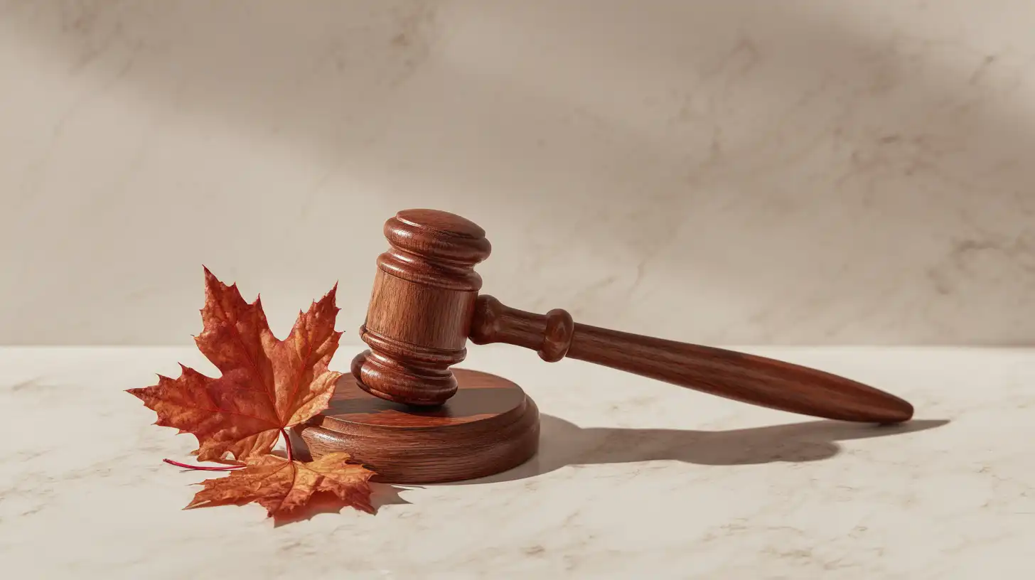 A wooden judge's gavel resting on its sound block beside a red Canadian maple leaf on a marble surface, representing Bill C-12 becoming Canadian immigration law in March 2026.