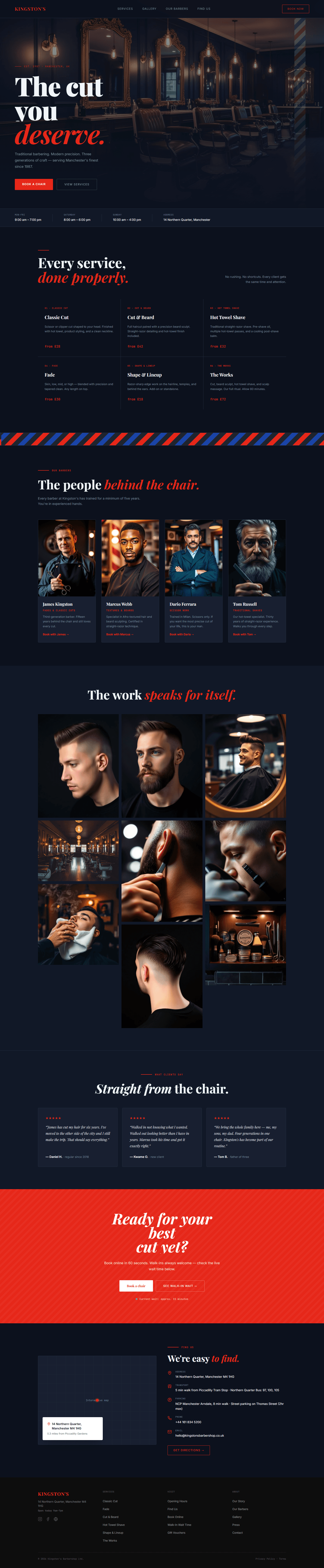 Barber shop website prompt full preview — deep navy #0c1220 background with bold red #e8220a accents, full-viewport hero showing Playfair Display 900 clip-path headline reveal with animated CSS barber pole stripe on the right edge, hours and address strip below, borderless 3x2 services grid with hover red glow, animated full-bleed red and blue diagonal stripe divider, and four barber profile cards with portrait photos and specialty labels in JetBrains Mono