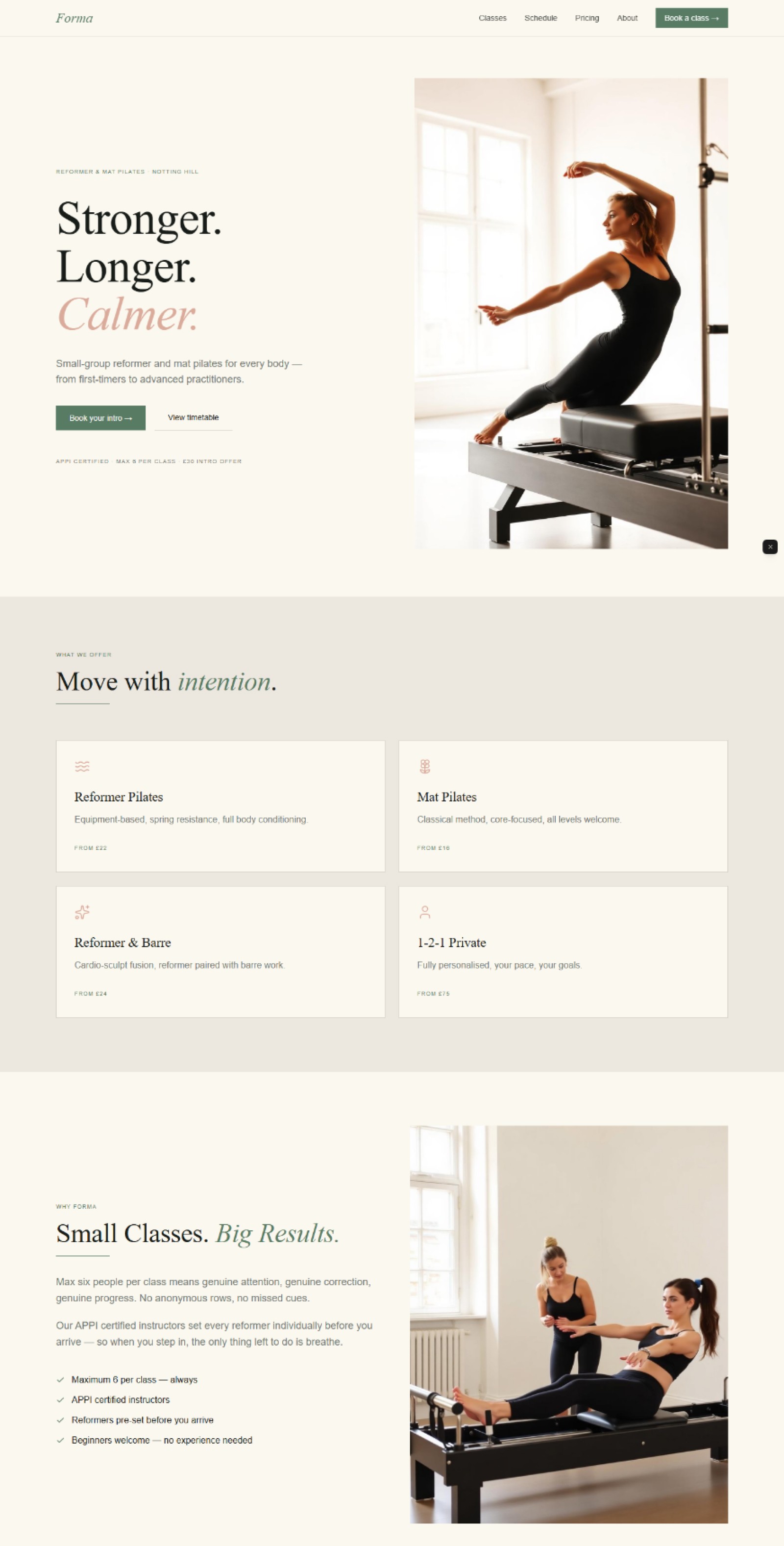 Pilates studio website prompt — sage green and warm white reformer pilates studio website design preview