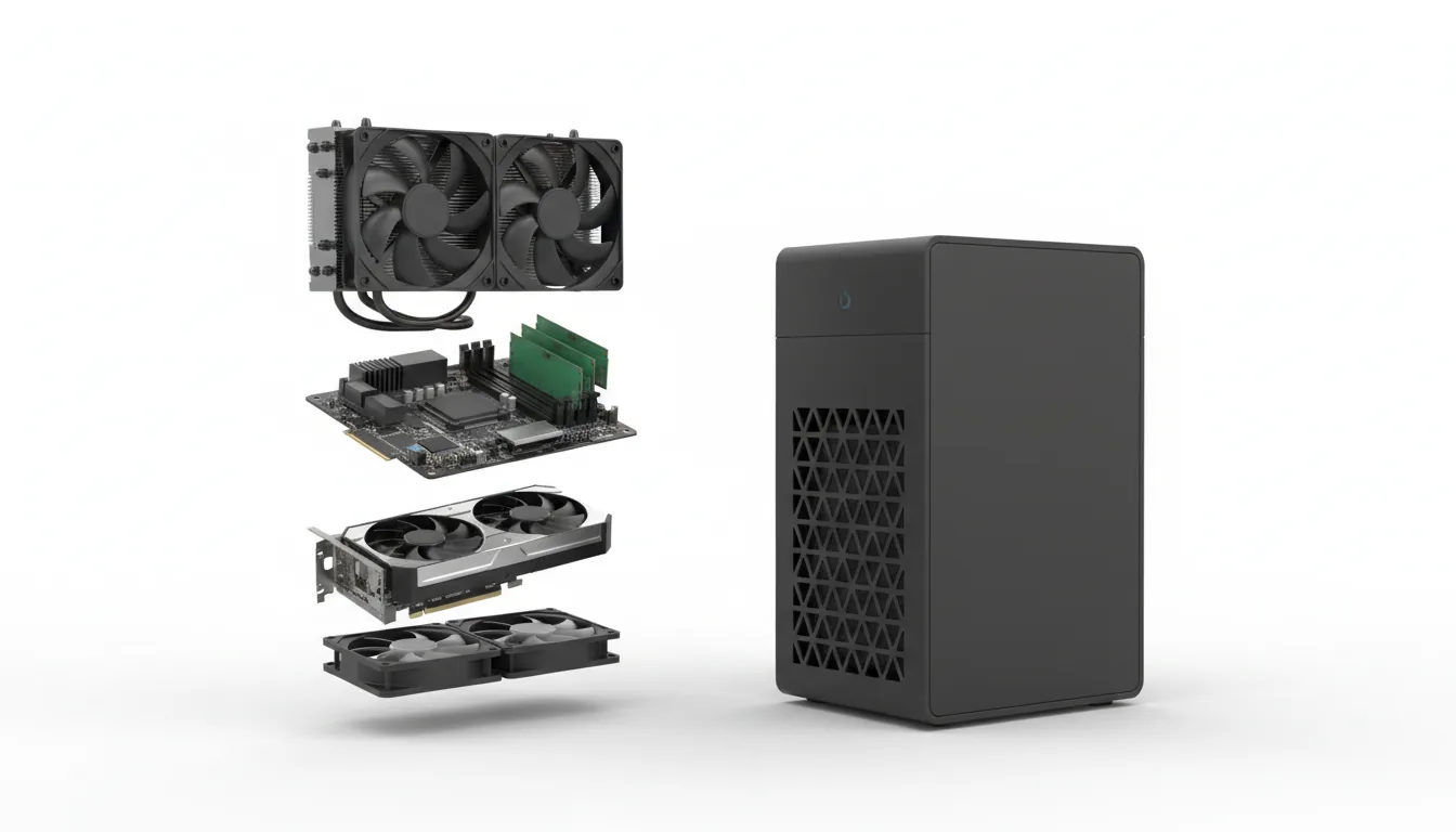 3D render of an exploded view of a compact professional PC workstation, showcasing its internal components like the motherboard, green RAM modules, GPU, and cooling fans, all floating in a neat linear arrangement against a clean white studio backdrop. To the right is the fully assembled matte black Small Form Factor (SFF) case with a perforated front grille. The scene is lit with soft global illumination, creating subtle floating shadows, in the style of a high-detail product visualization, Blender style.