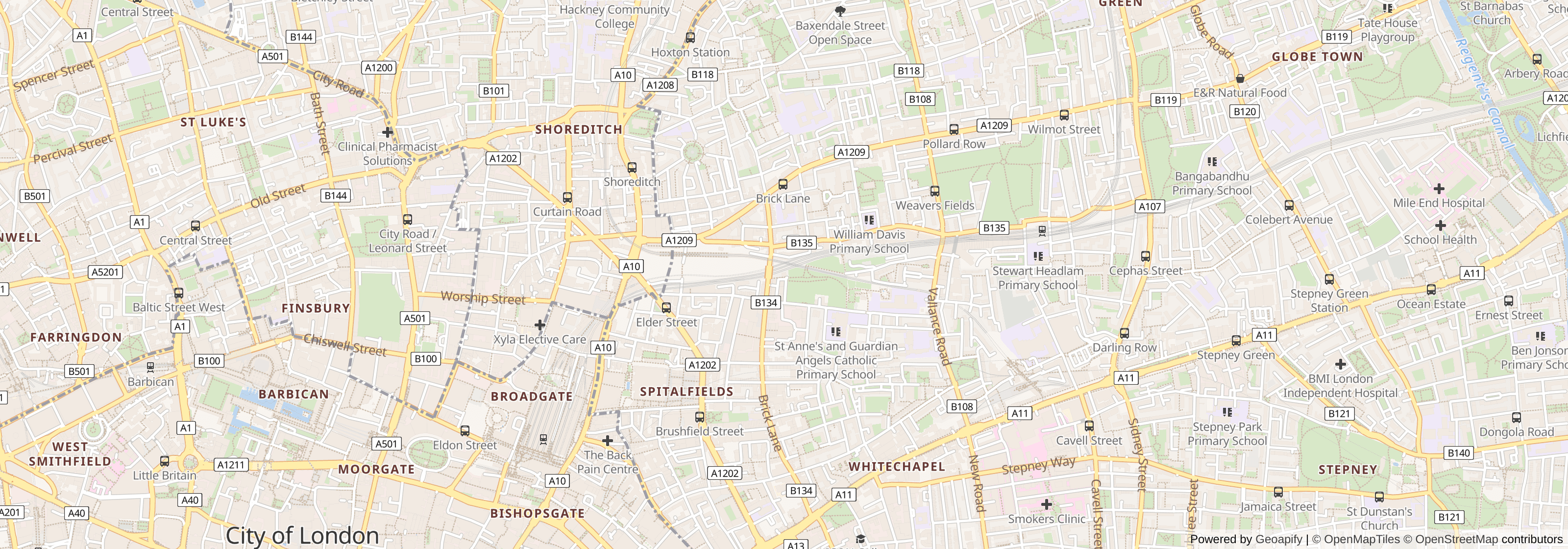 Street map of Shoreditch, Hackney, London showing local roads and surrounding areas