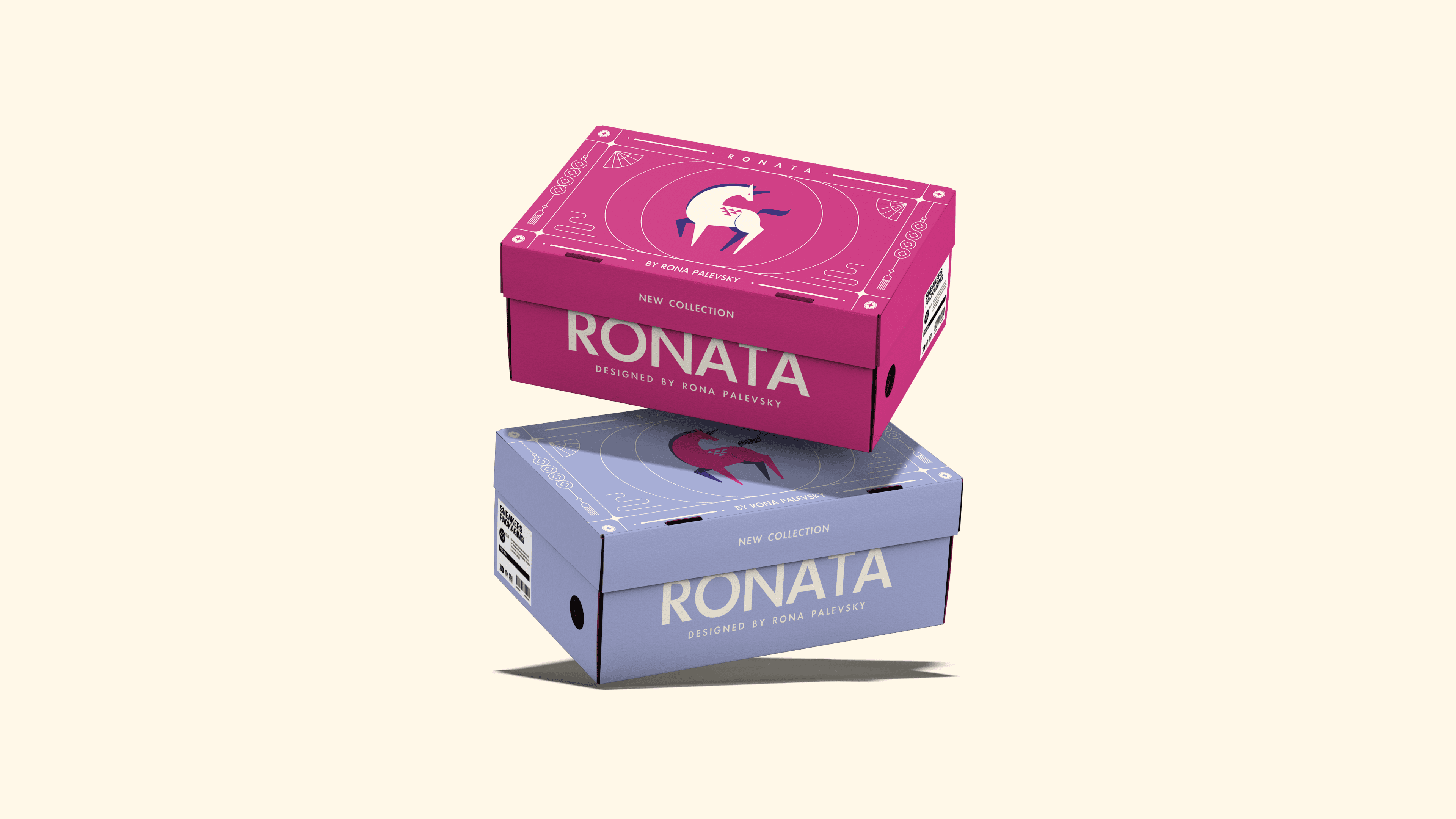 Ronata shoe box design on a pink background