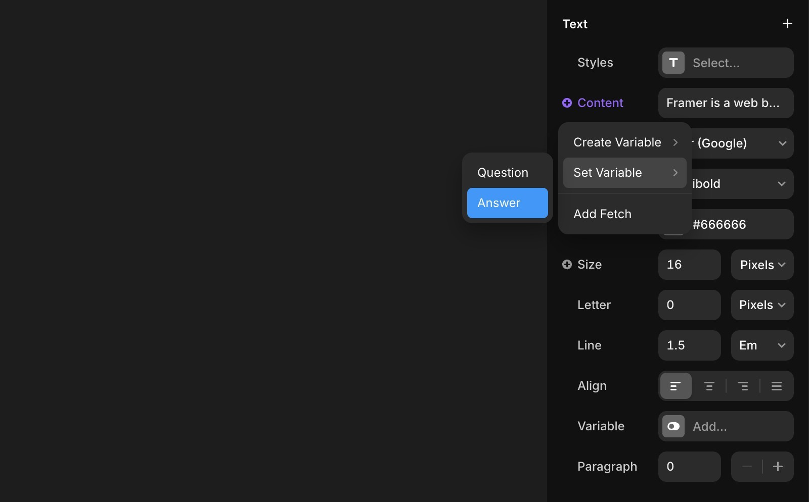 下拉菜单中显示 Answer 选项的“设置变量”界面。