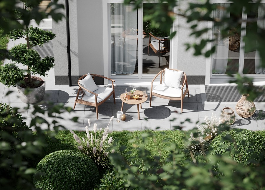 Terrasse des Wohnhauses in der Eigerstraße 11 mit Gartenbereich
