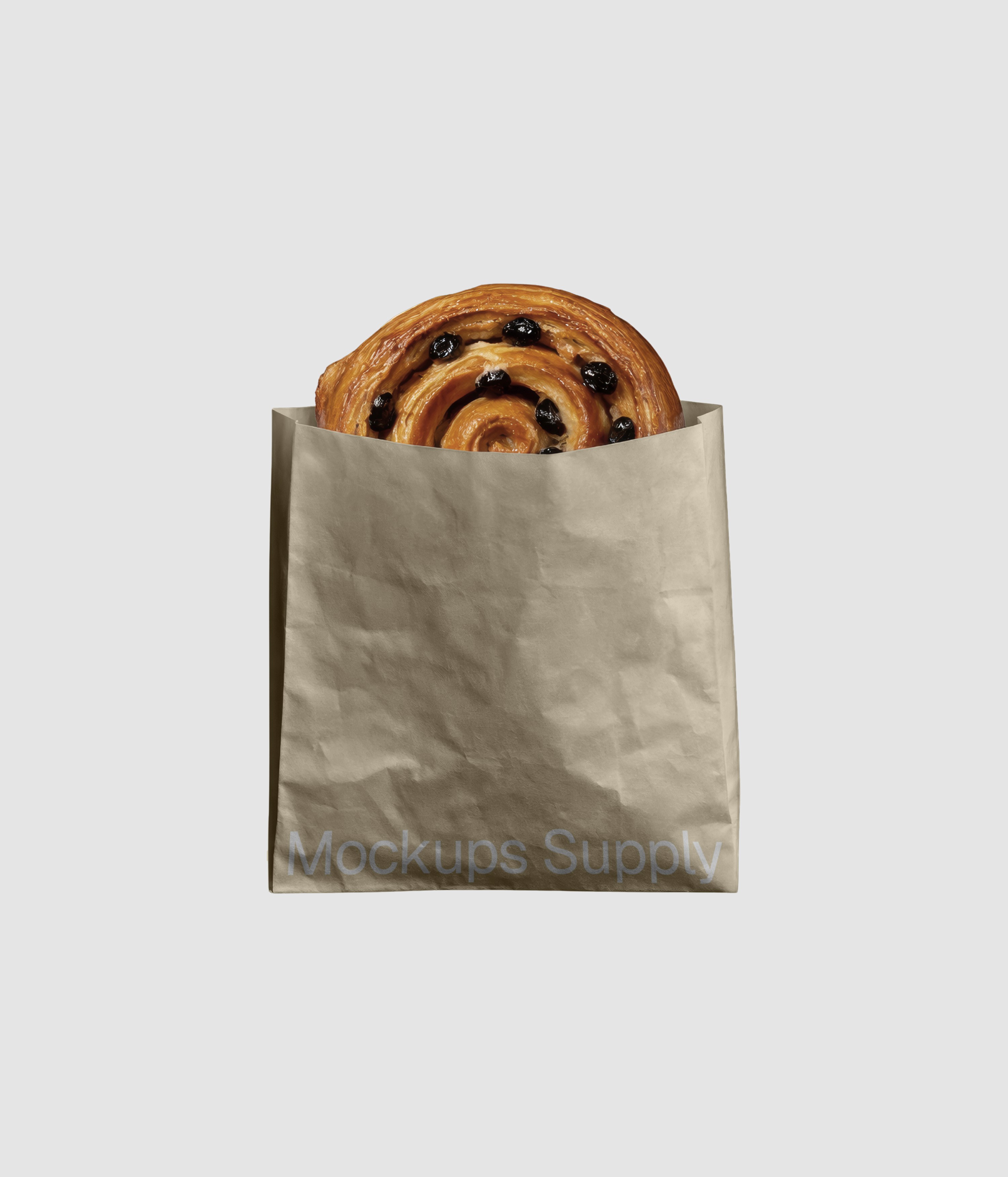 Pain aux raisins in beige paper bag mockup on neutral background editable PSD