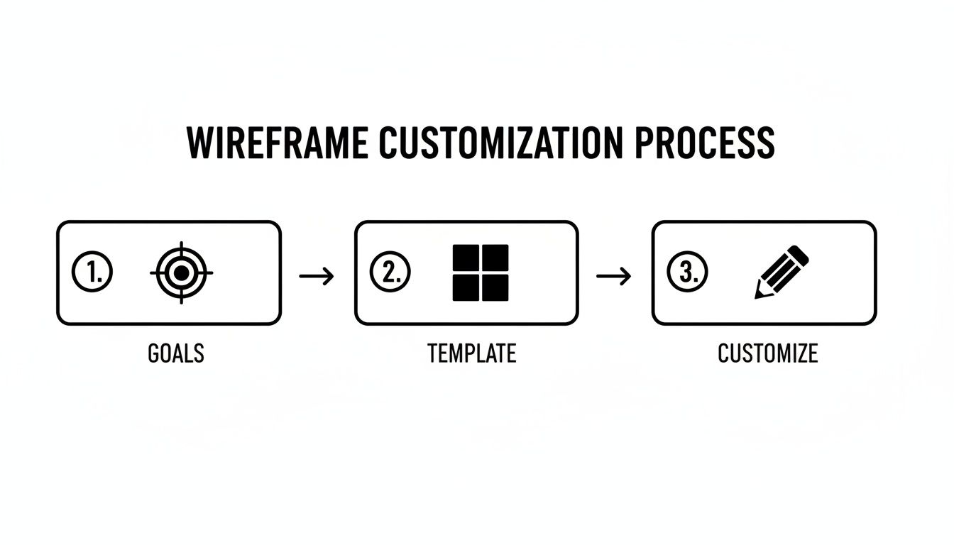 A three-step wireframe customization process illustrated with icons: goals, template, and customize.
