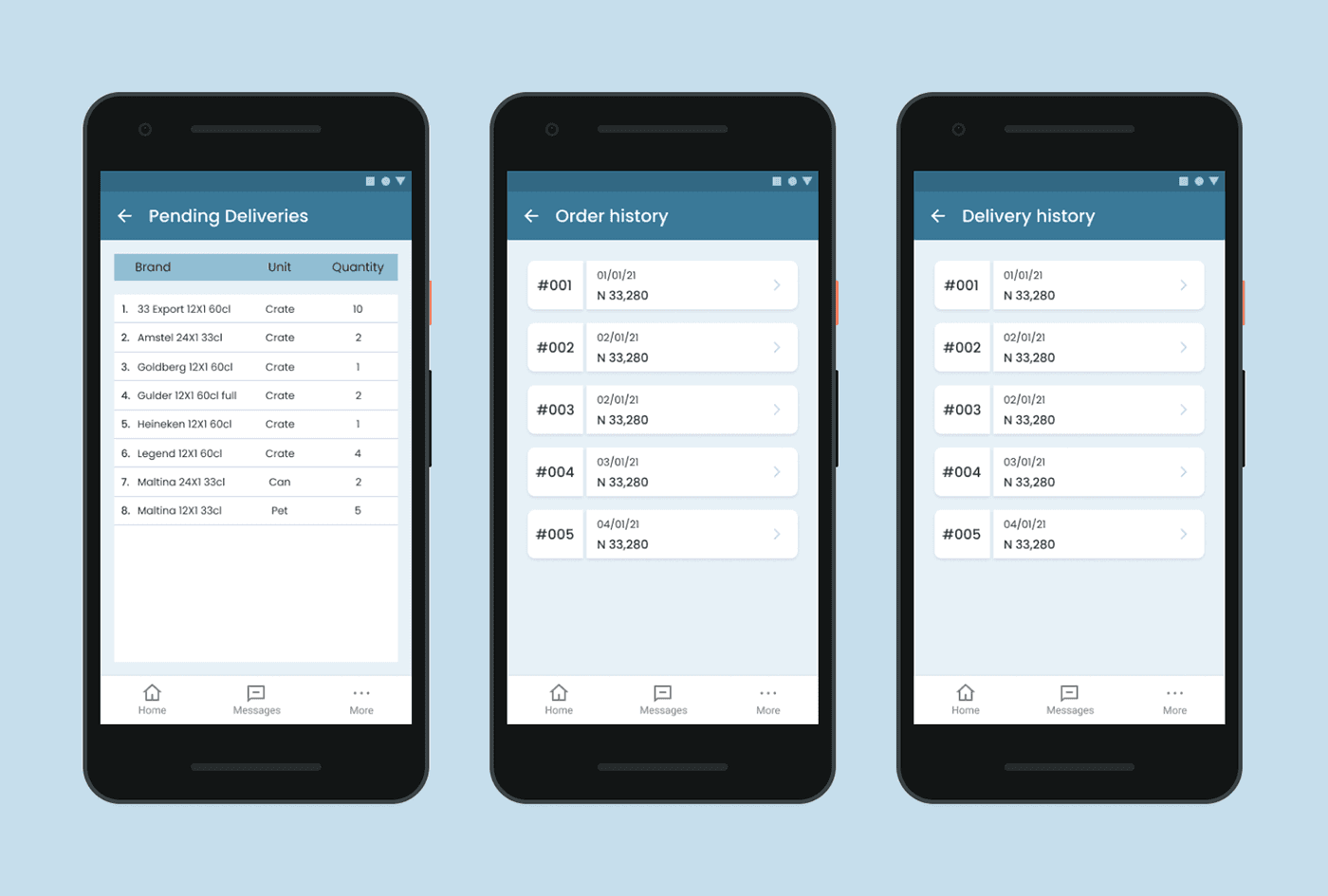 prototype for pending deliveries, order history, delivery history