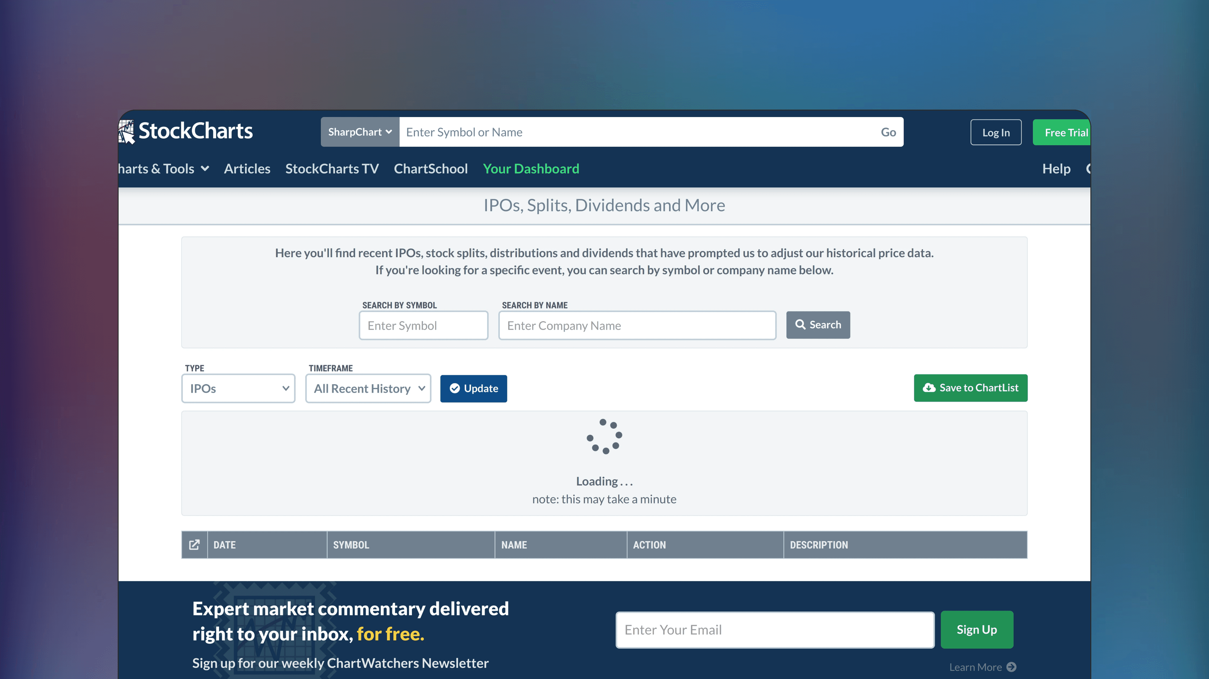 Website preview of StockCharts Dividend Calendar, trade management tracking platform showing a calendar grid of ex-dividend dates and payout values.