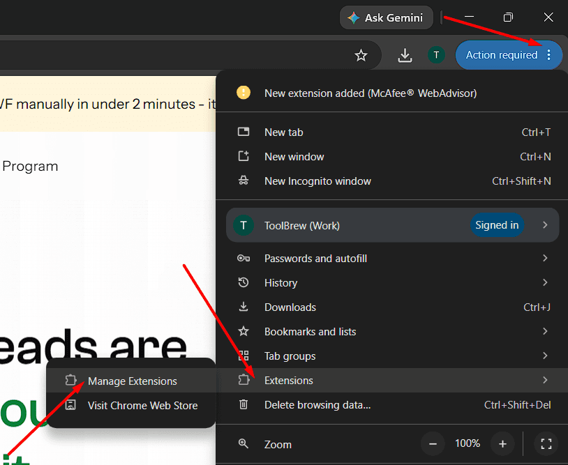 Open Chrome Extensions Page