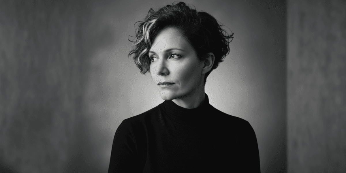 A woman with short curly hair, gazing thoughtfully, embodying clarity and inner strength.