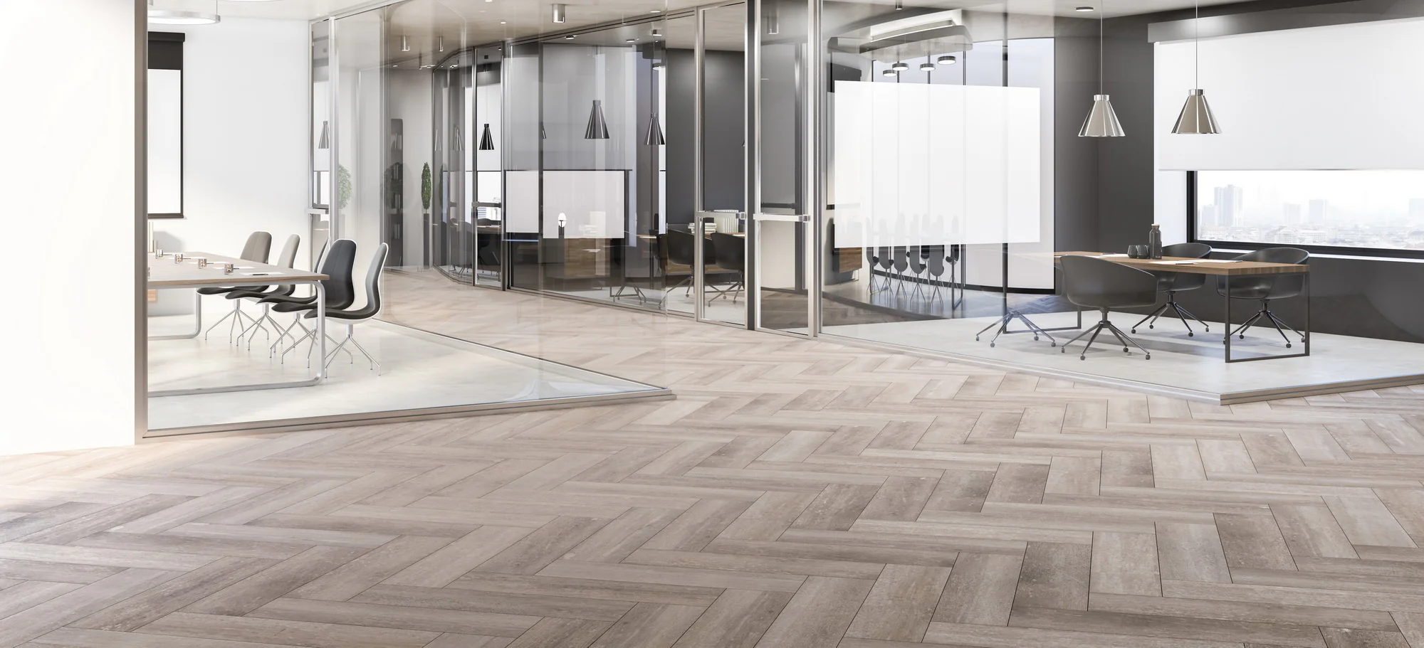 現代辦公室SPC地板裝修，優質石塑地板工程效果，提升商業空間設計質感。