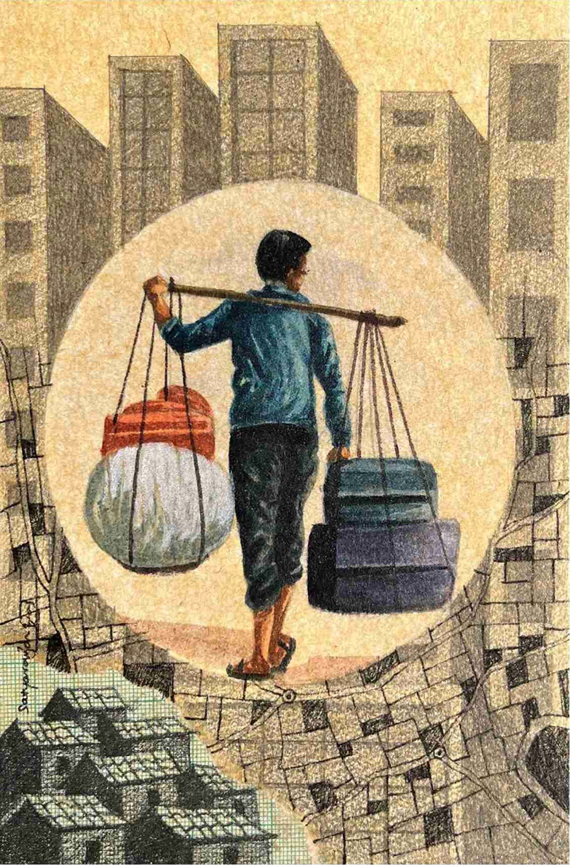 herd of sheep on road painting