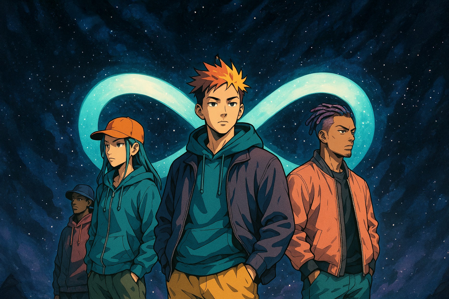 A group of people in a japanese manga animation style behind an unlimited symbol.