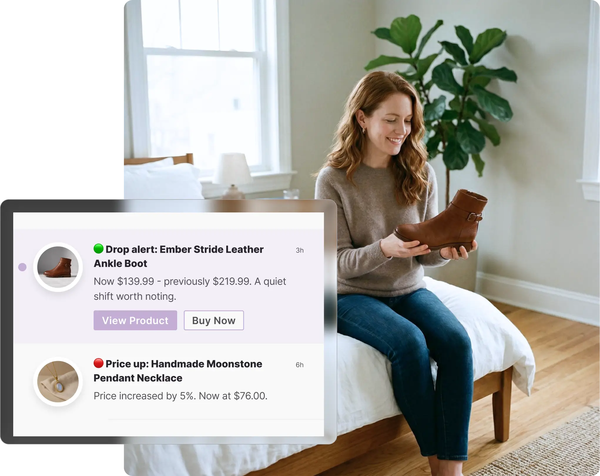 Whisprice notifications showing ASOS price changes, including an Ember Stride Leather Ankle Boot drop alert to $139.99 and a price up alert for a Handmade Moonstone Pendant Necklace which increased by 5% to $76.00.