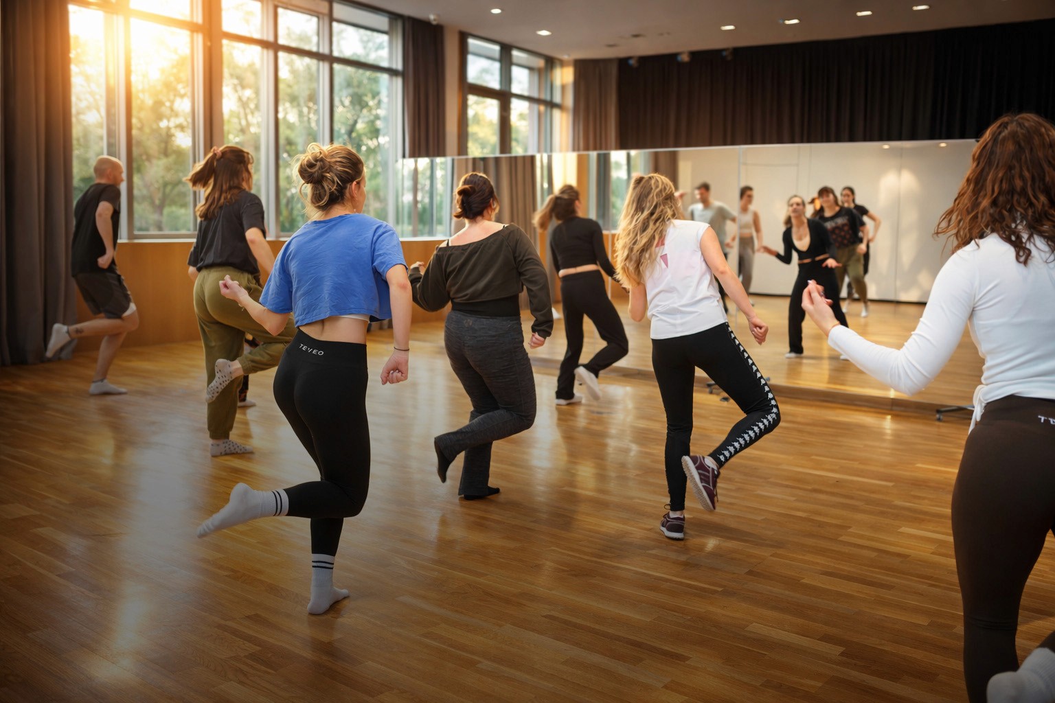 Gruppe von Teilnehmerinnen und Teilnehmern tanzt gemeinsam in einem hellen Bewegungsraum mit Holzfußboden und Spiegelwand während eines angeleiteten Tanz- oder Bewegungsworkshops.