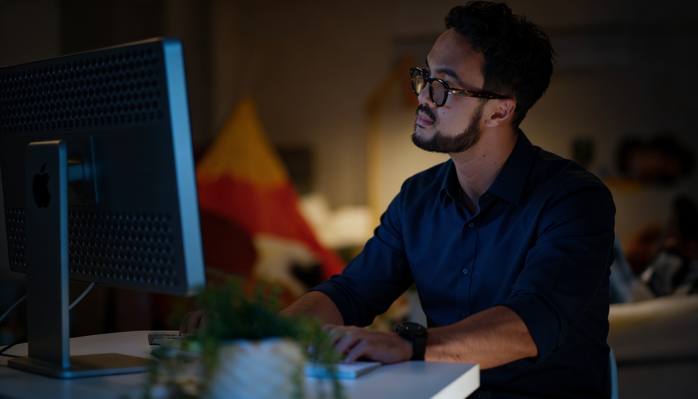 Close-up of a person with braided buns, sunglasses, and a leather jacket, set against a gradient background for a dramatic effect.