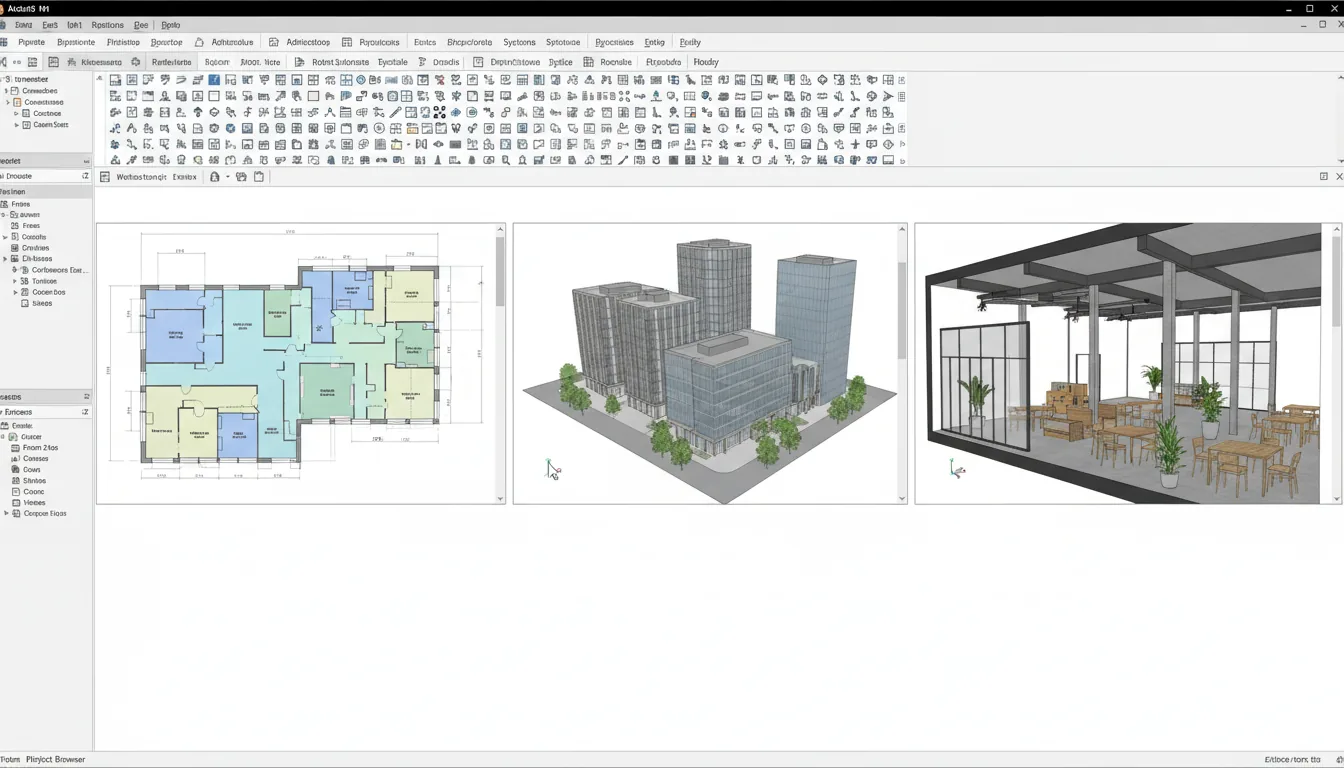 A high-resolution screenshot of the Autodesk Revit software interface in clean light mode. The layout features a complex, icon-heavy ribbon toolbar at the top. The main workspace is split into three distinct panes displaying an architectural project: a 2D technical floor plan with colored zones and placeholder annotations, a detailed 3D exterior model of urban buildings from a high-angle view, and a 3D interior section cutaway showing a commercial space with tables and chairs. On the left side are a properties panel and a project browser panel with UI elements and abstracted text lines.