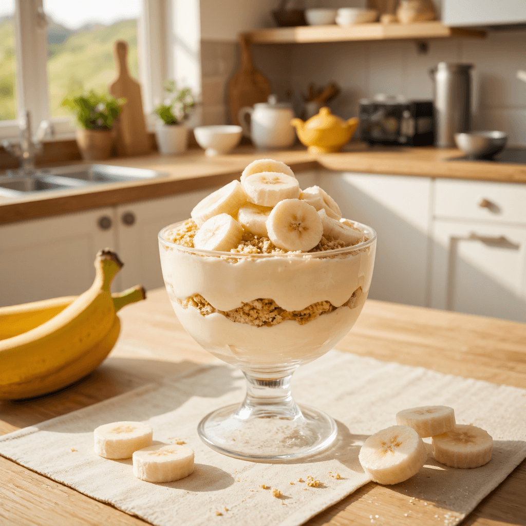 product photography of a dessert bowl with layers of cream, banana slices, and crumbled topping