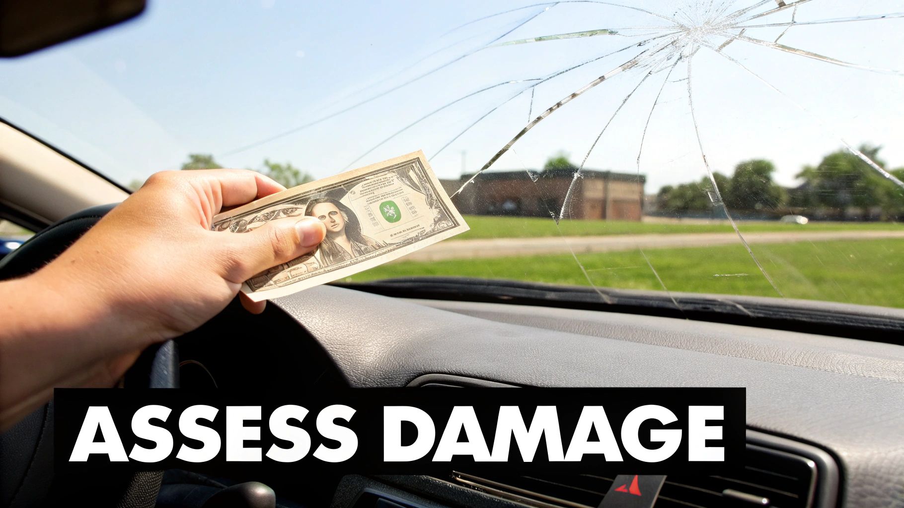 A person's hand holding a dollar bill inside a car with a severely cracked windshield and text 'ASSESS DAMAGE'.