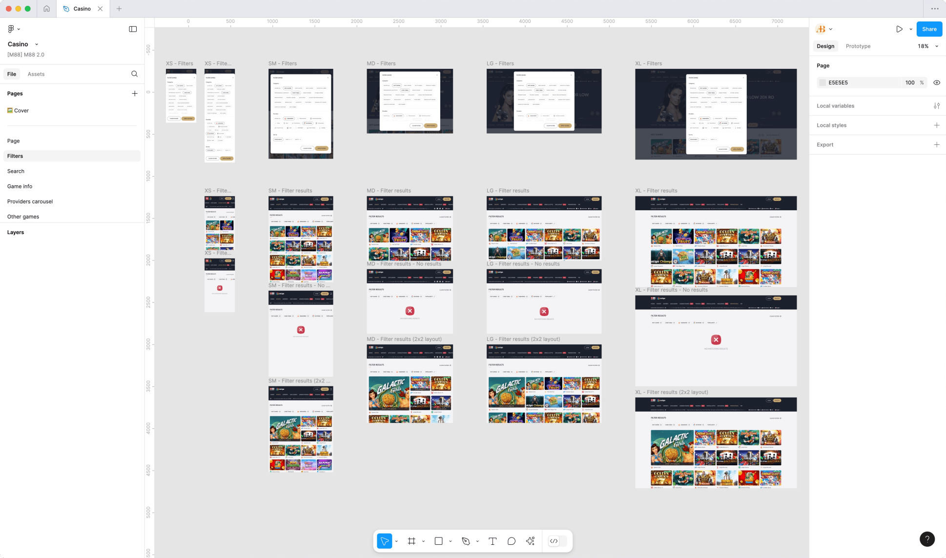 M88's casino filters mockups page