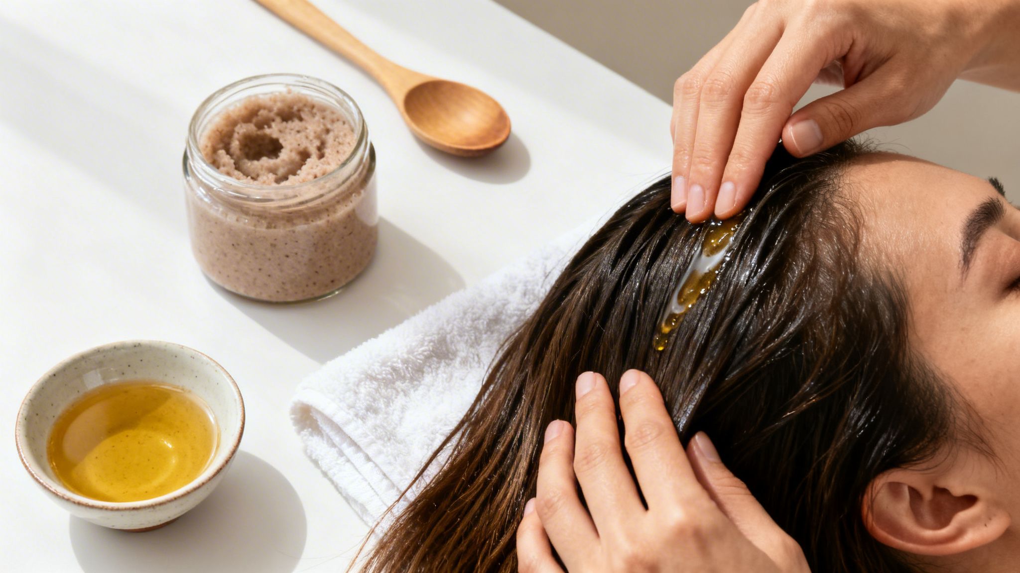 A woman getting a hair treatment with oil