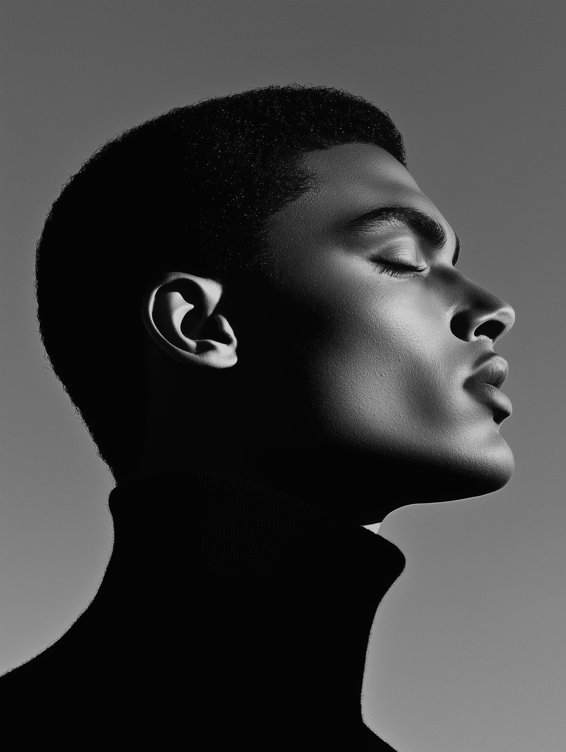 Side profile of male model in grayscale lighting