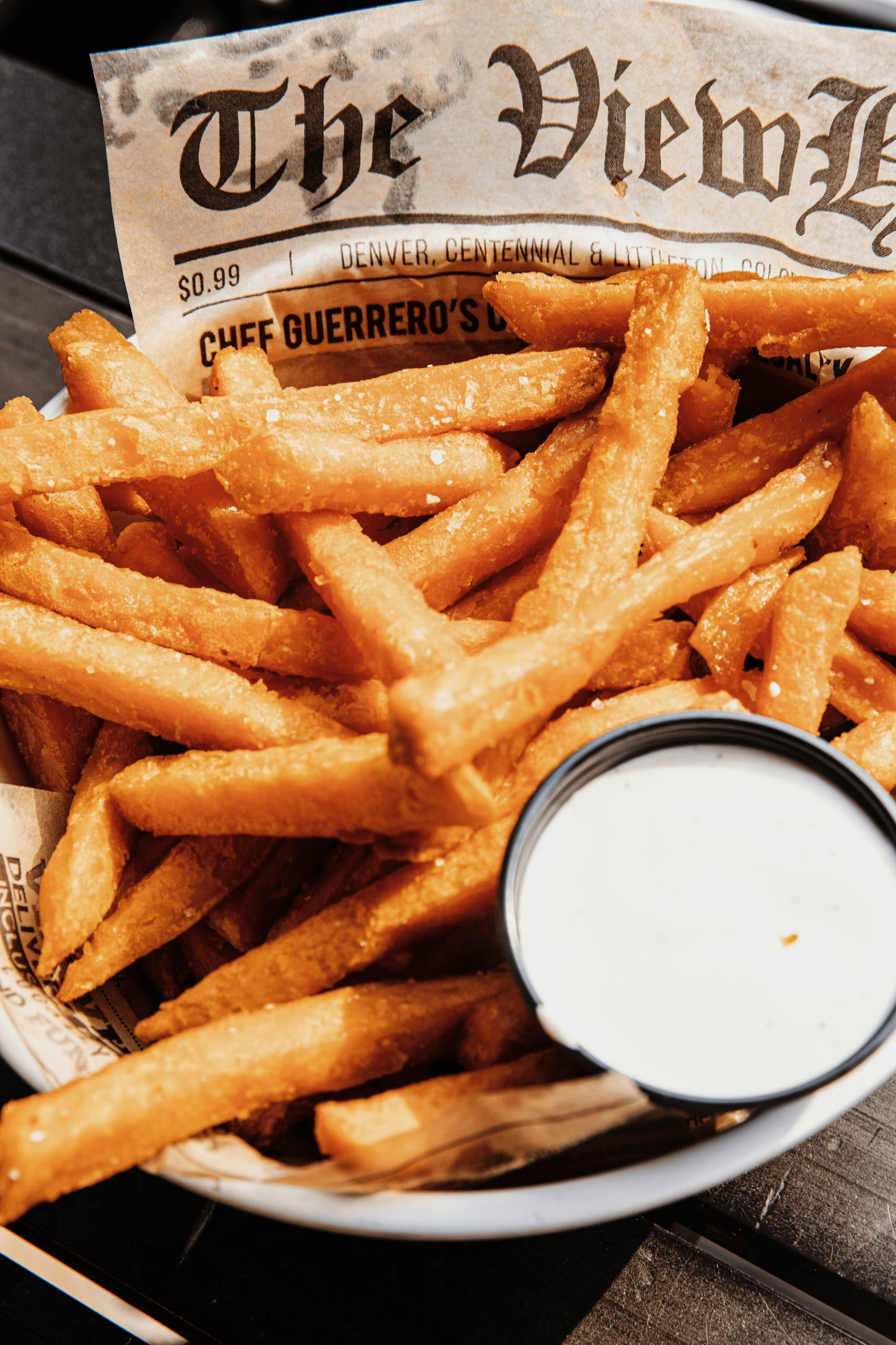 photo of french fries served with a ranch dip